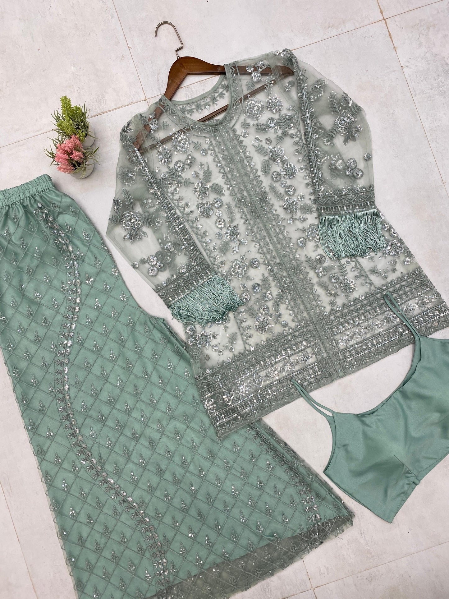 Embroidery Work Rama Color Top With Palazzo