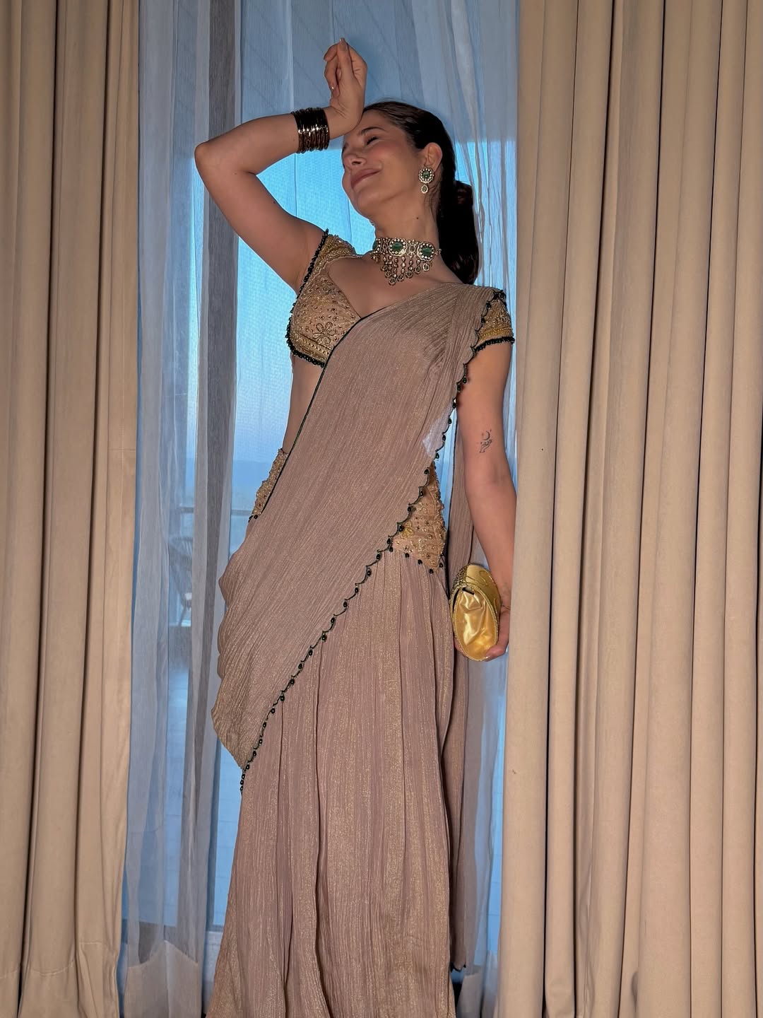 Designer Mirror Work Crushed Saree
