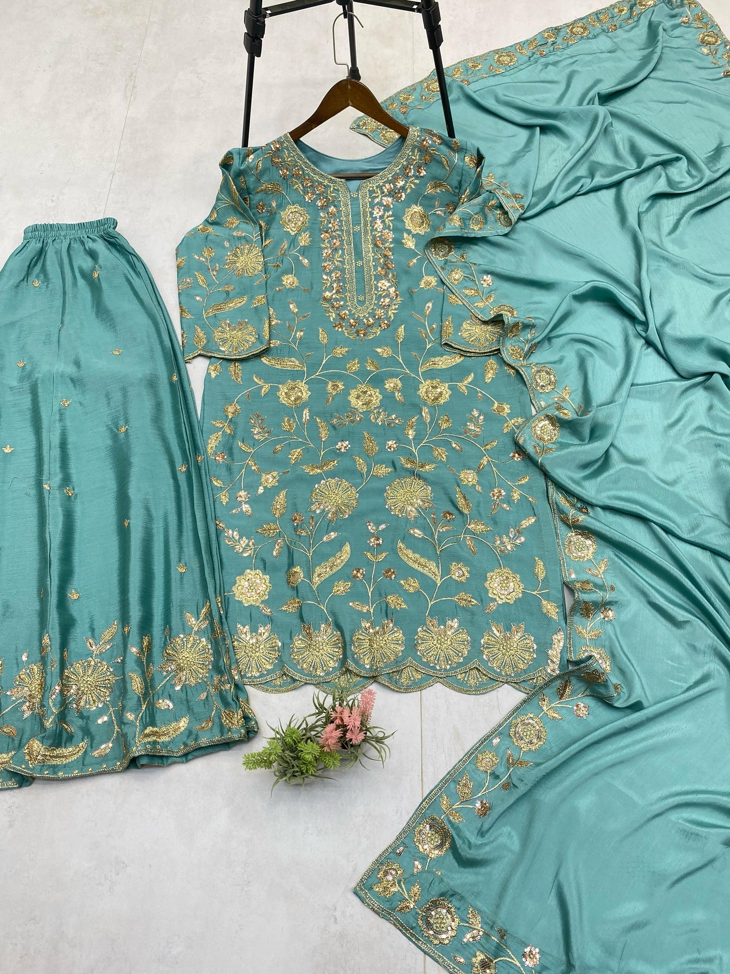 Embroidery Work Rama Color Chinon Palazzo Suit