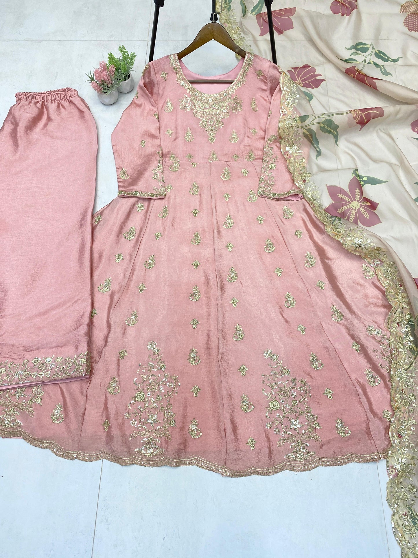 Trendy Pink Chinon Sequence Work Gown With Palazzo