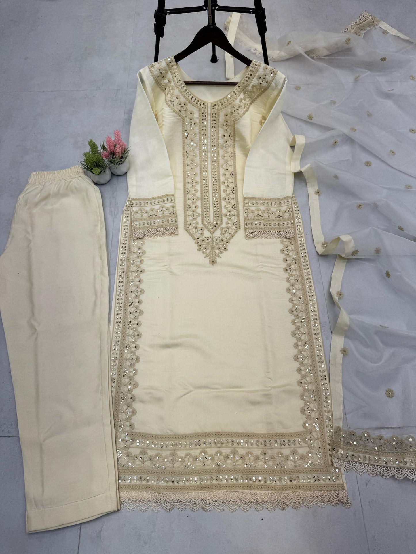 Alluring ROMAN SILK Cream Color Salwar Suit