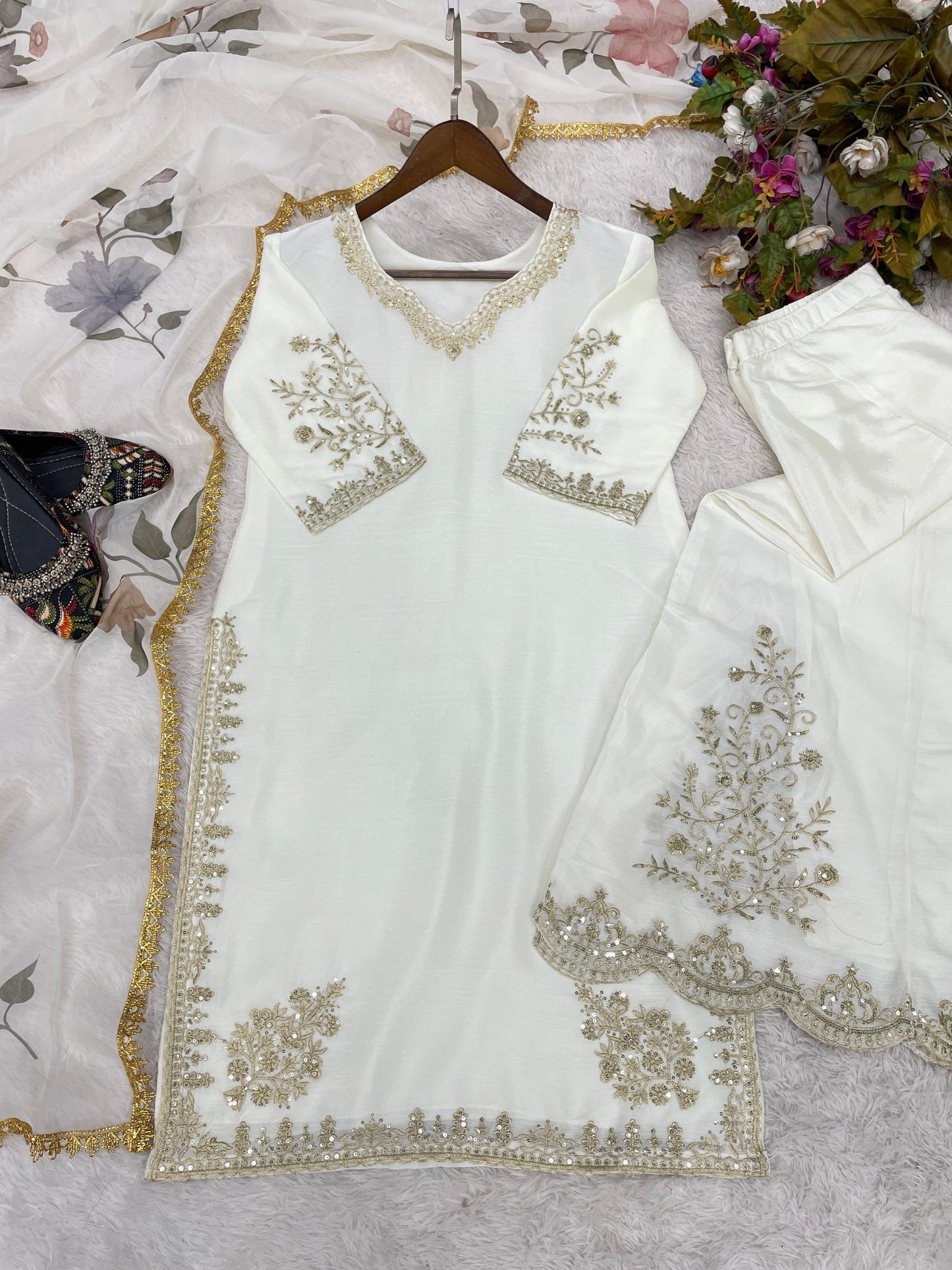 Unique Chinon Embroidery Work White Color Sharara Suit