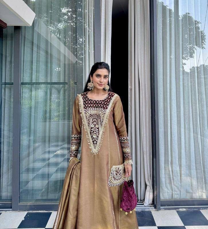 Demanding Embroidery Sequence Work Brown Color Gown