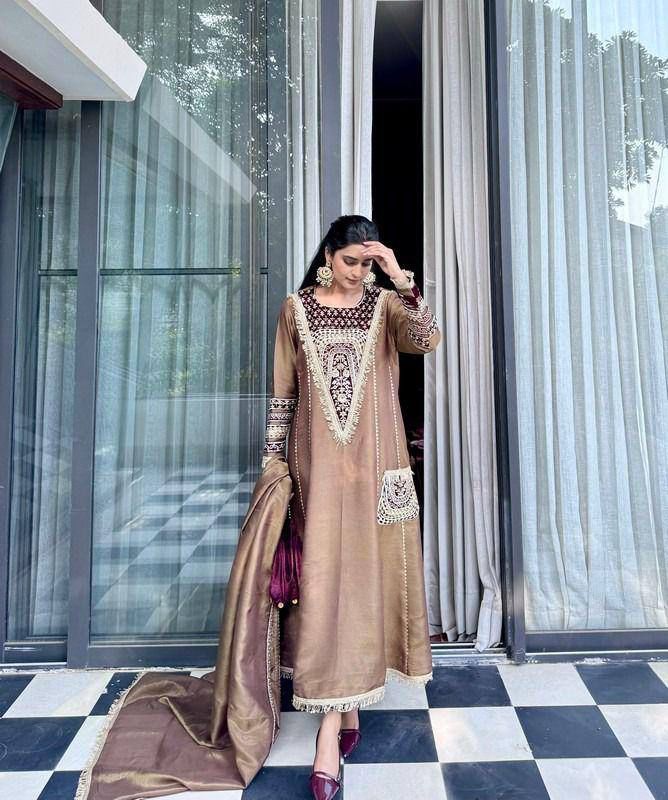 Demanding Embroidery Sequence Work Brown Color Gown