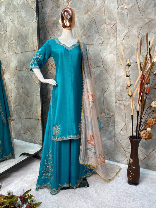 Unique Chinon Embroidery Work Sky Blue Color Sharara Suit