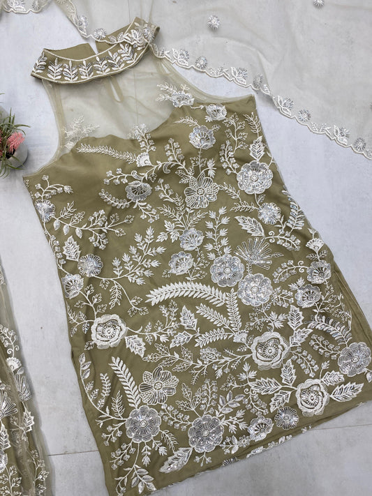 Adorable Embroidery Work Mehndi Color Palazzo Suit