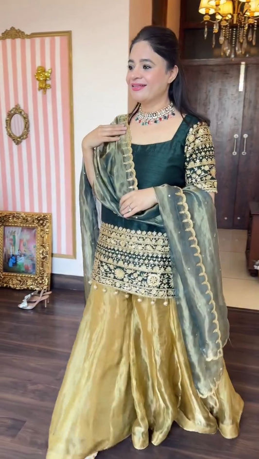 Lovely Green Roman Silk Sequence Embroidery Sharara Suit