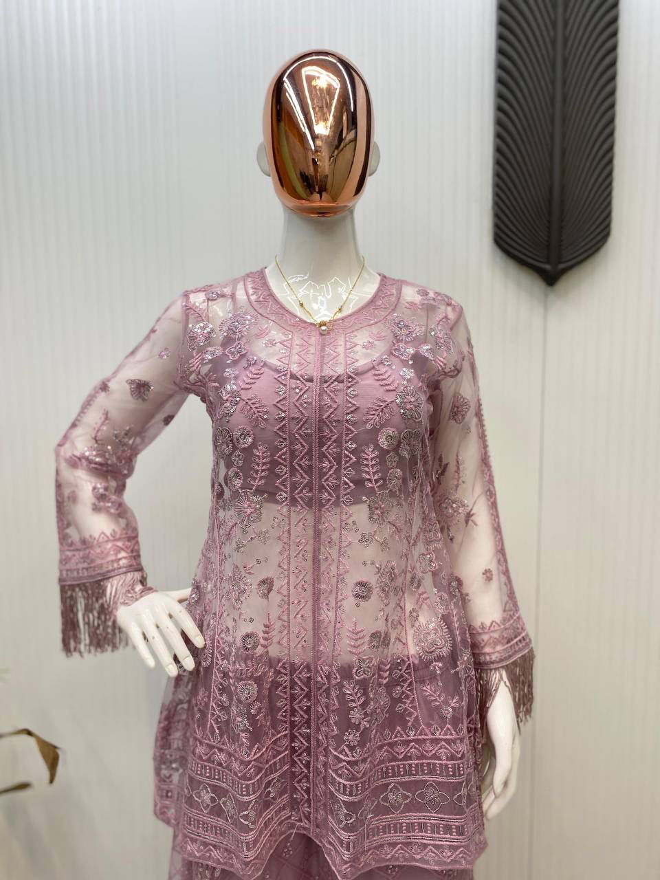 Embroidery Work Lavender Color Top With Palazzo