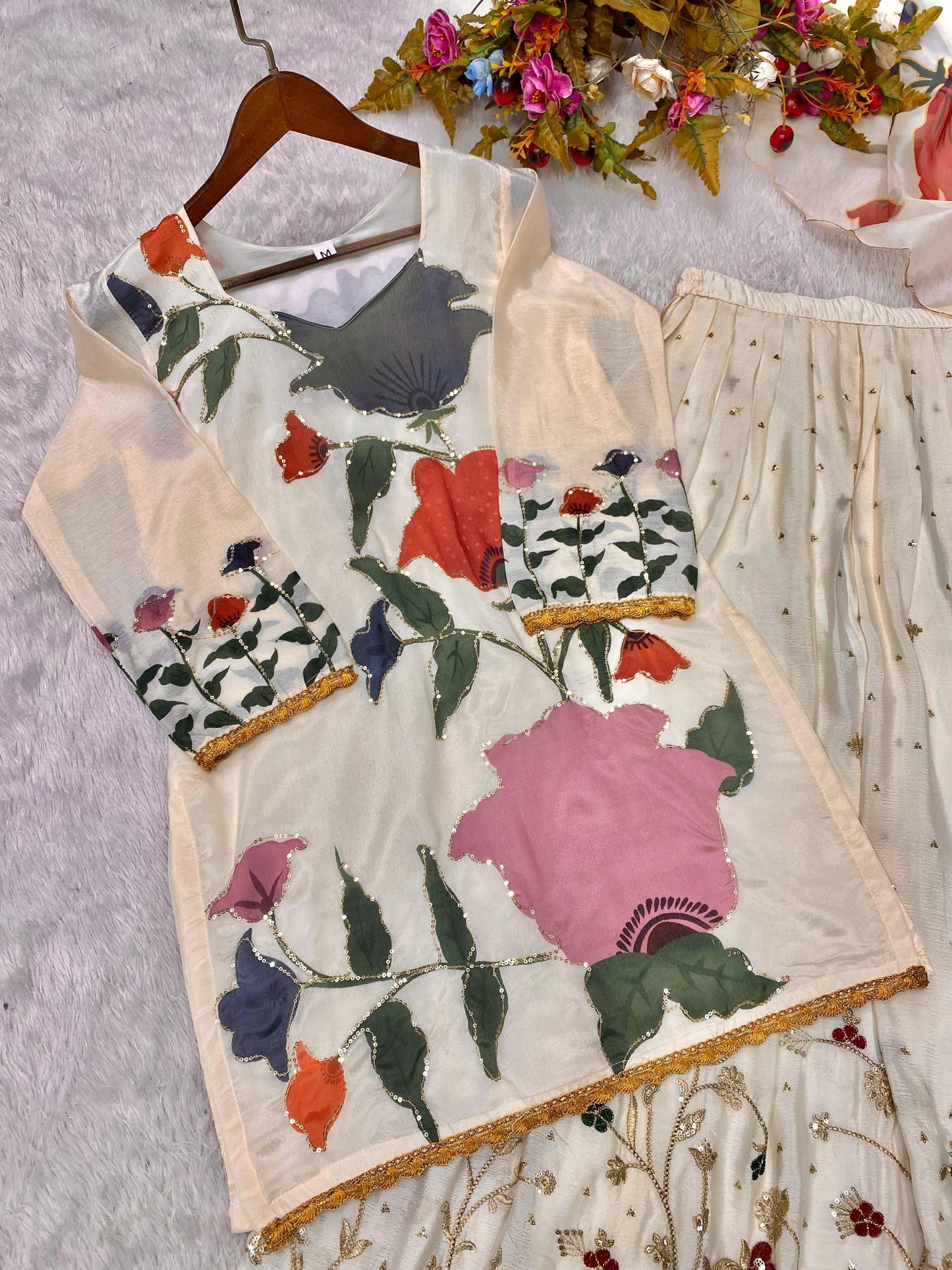 Wonderful Chinon Embroidery Work Beige Color Gharara Suit