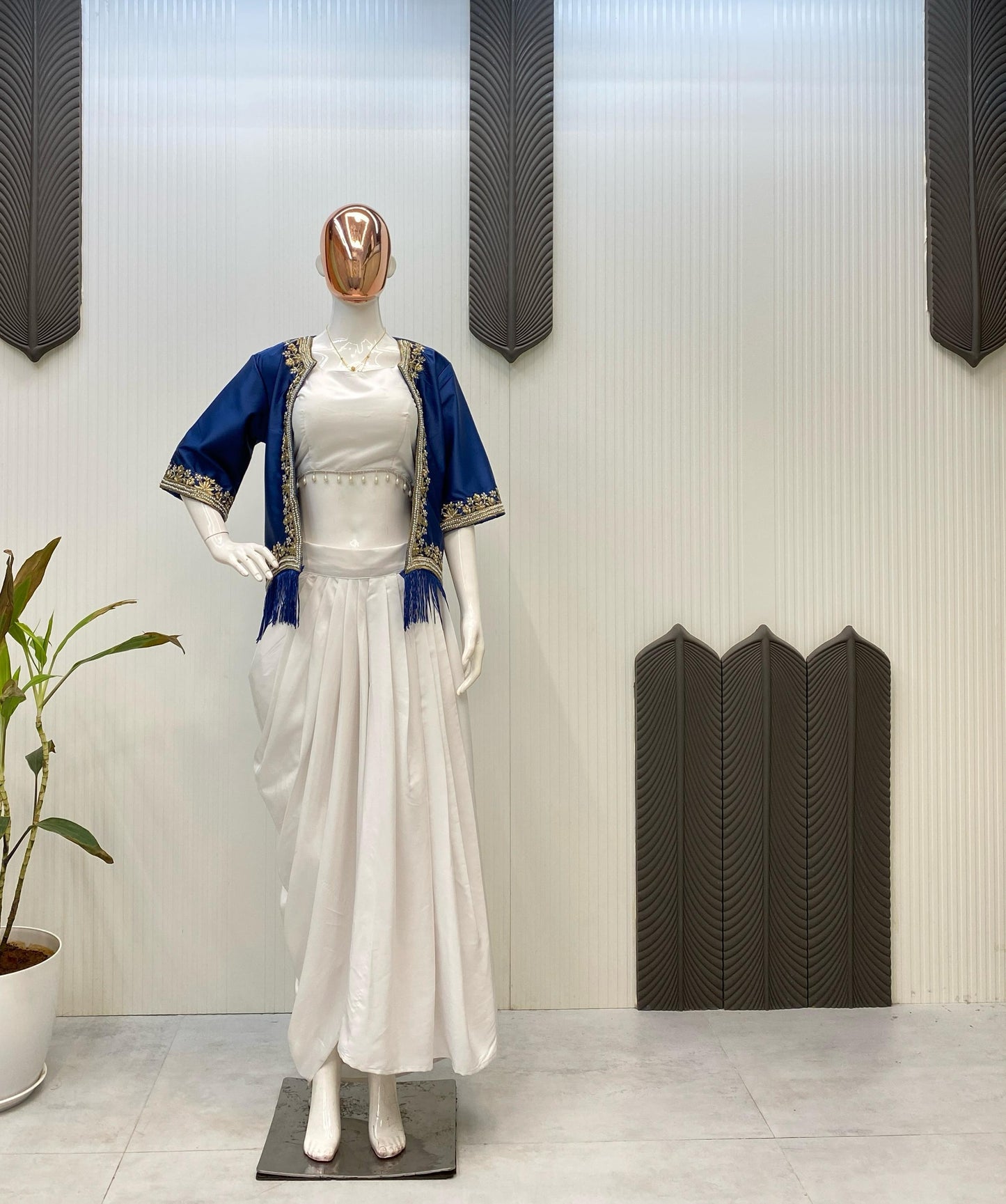 Stylish White Skirt With Blue Koti