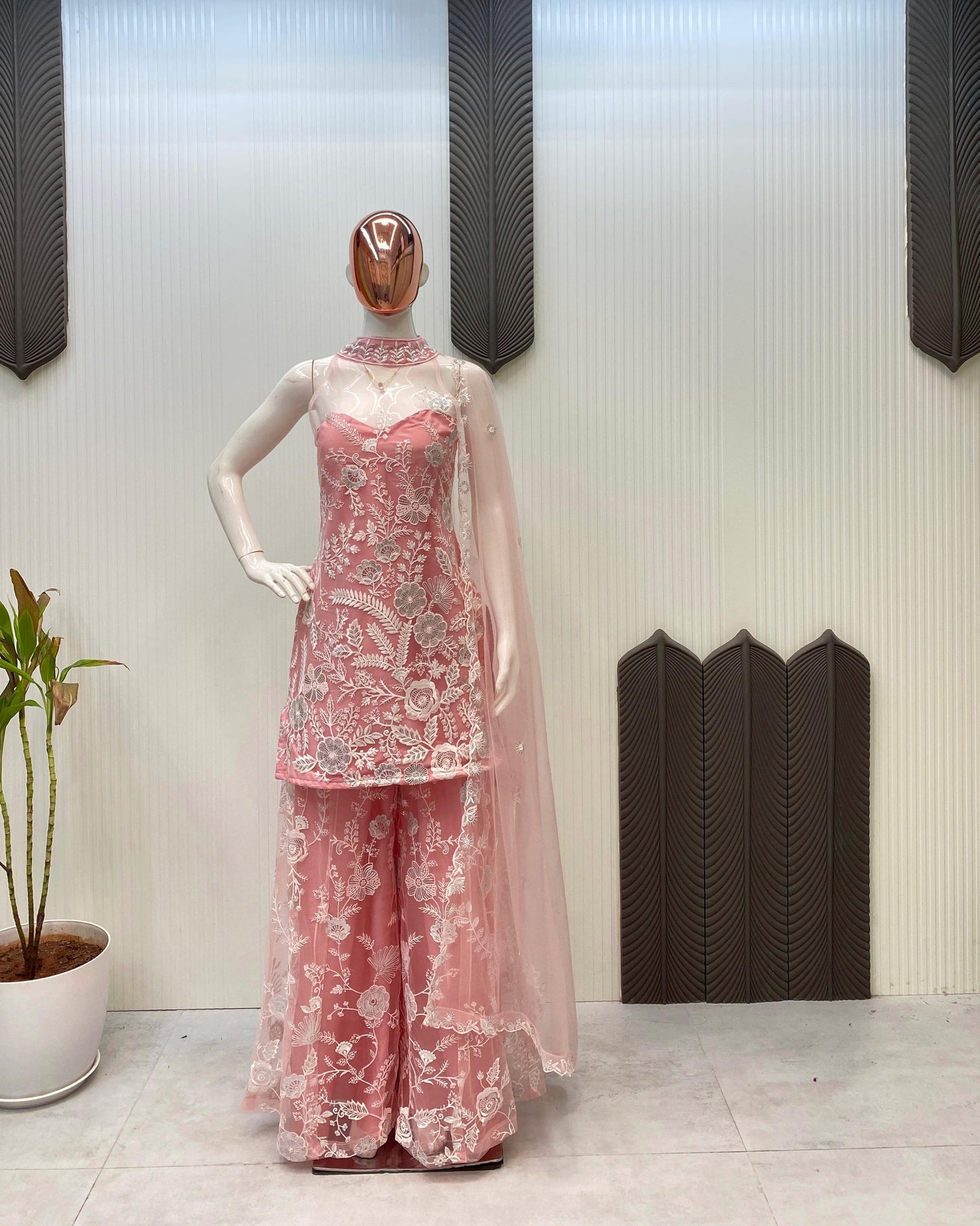 Adorable Embroidery Work Peach Color Palazzo Suit