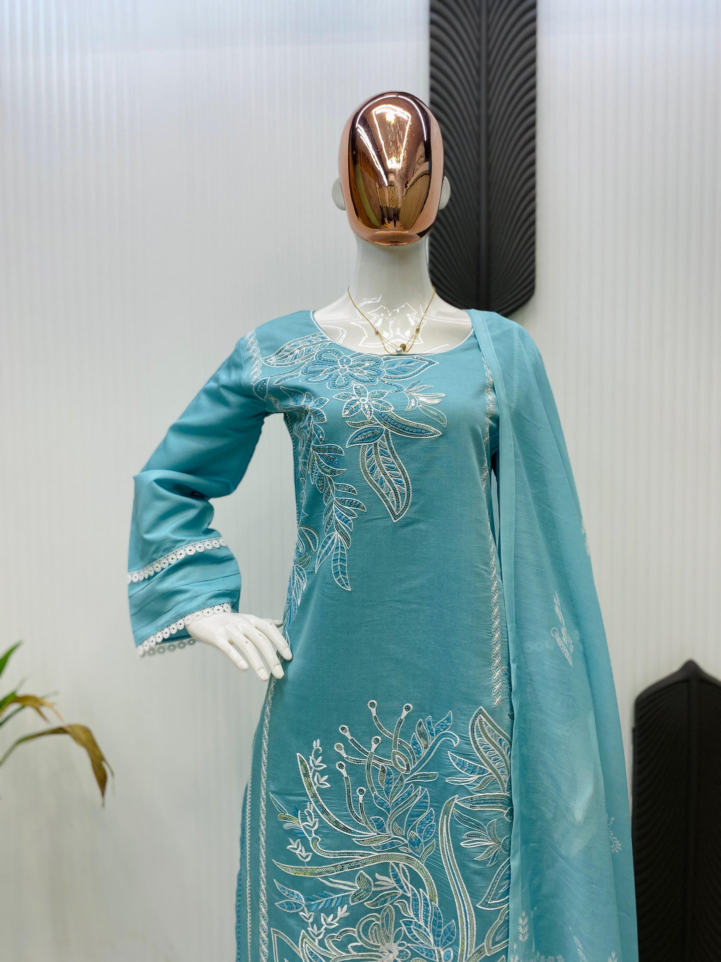 Alluring Sky Blue Roman Silk Sequence Work Palazzo Suit