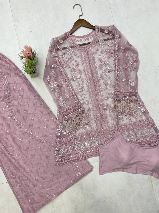 Embroidery Work Lavender Color Top With Palazzo