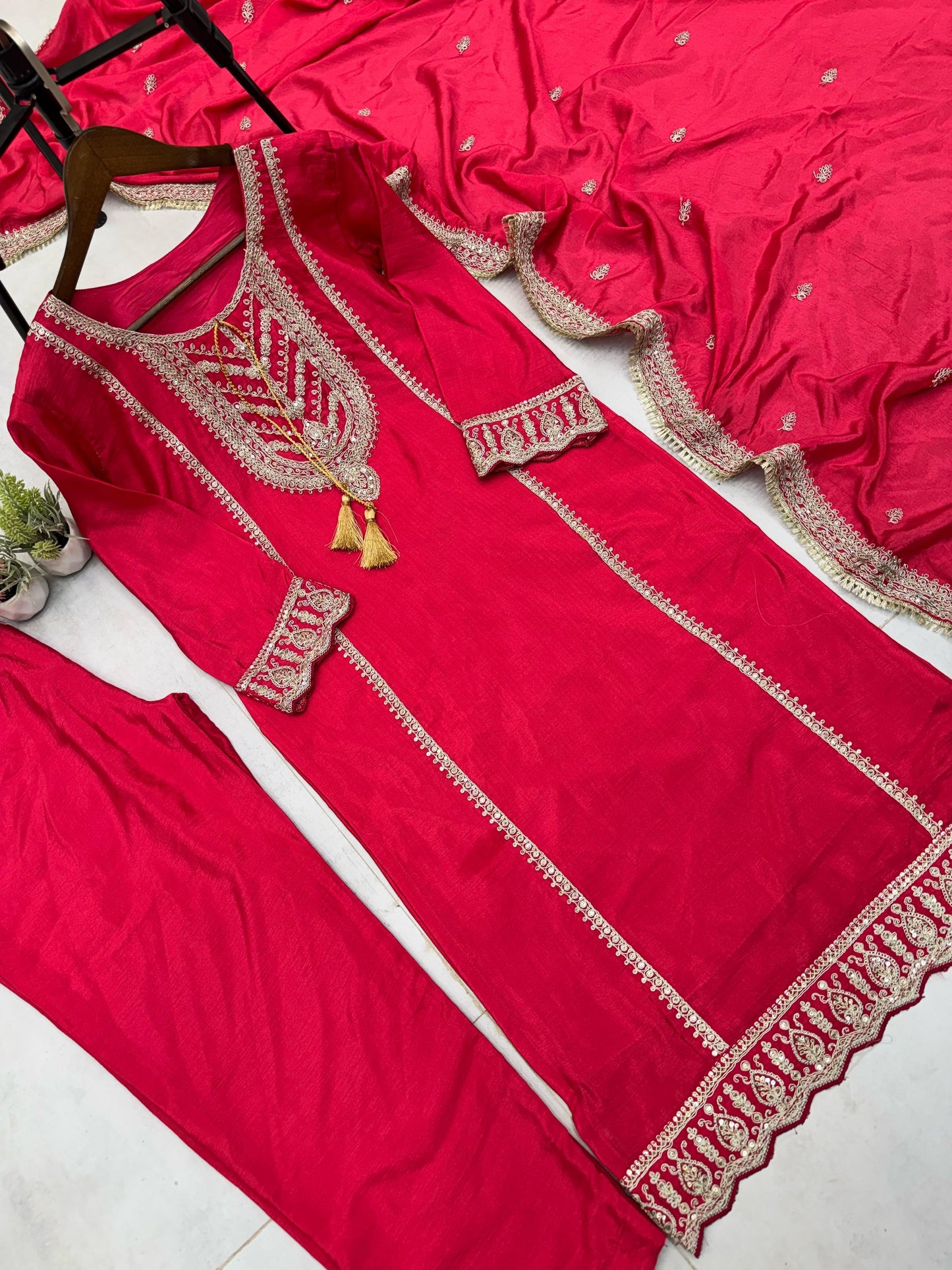 Graceful Chinoon Embroidery Work Red Color Salwar Suit