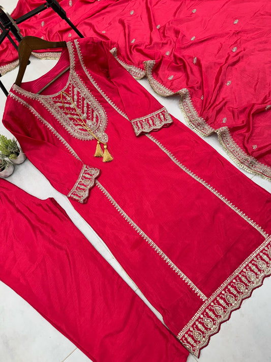 Graceful Chinoon Embroidery Work Red Color Salwar Suit