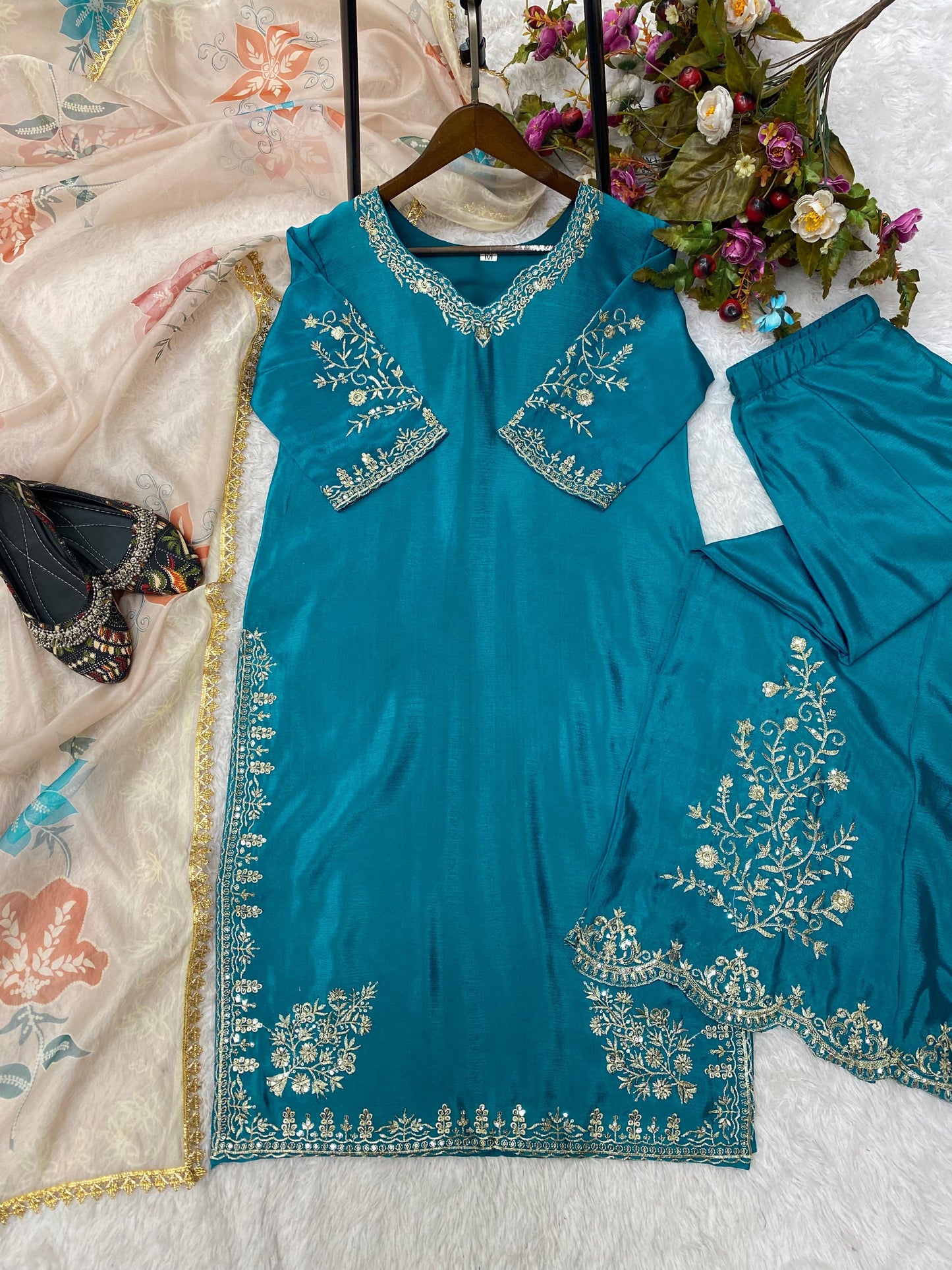 Unique Chinon Embroidery Work Sky Blue Color Sharara Suit