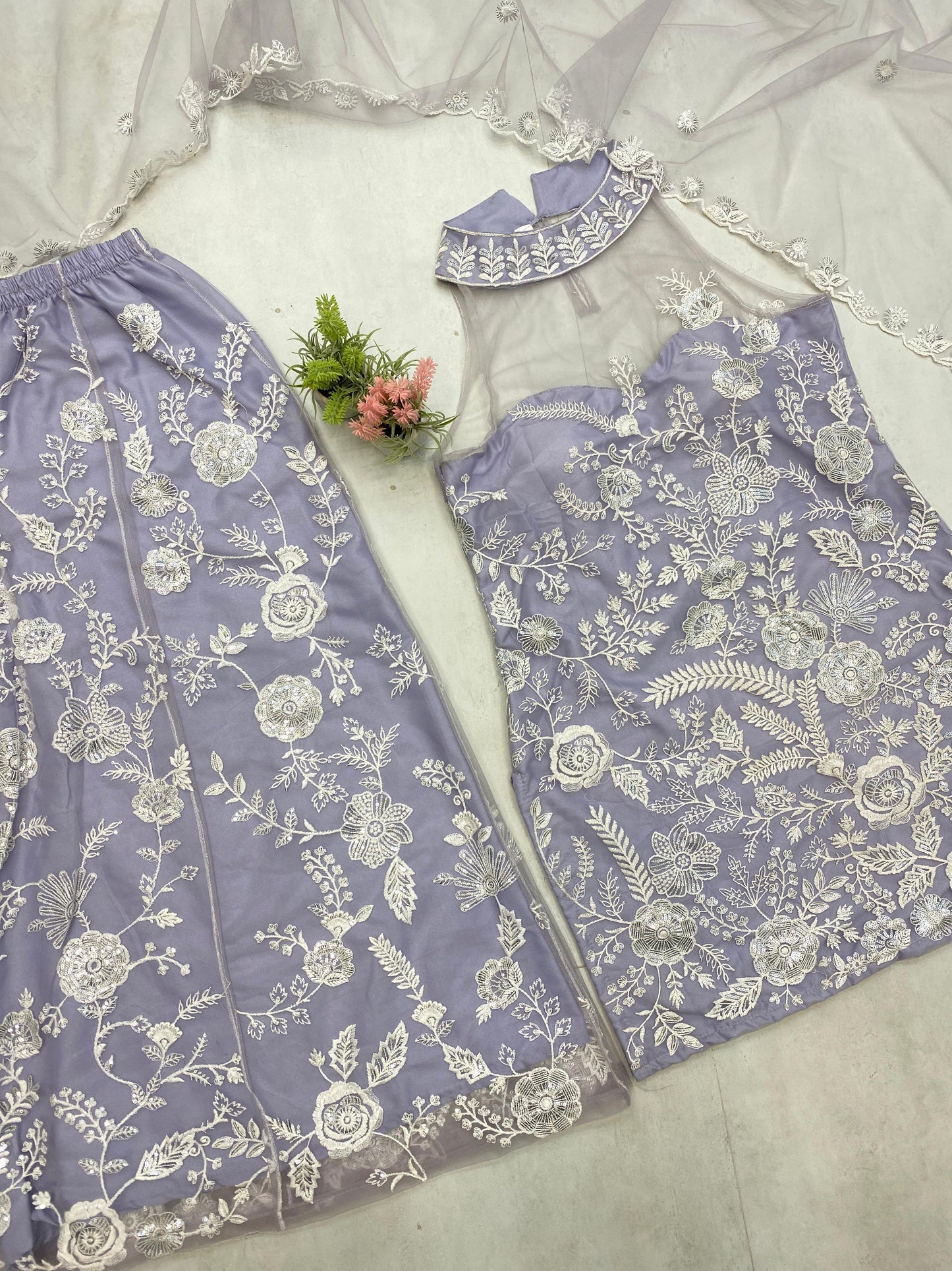 Adorable Embroidery Work Lavender Color Palazzo Suit
