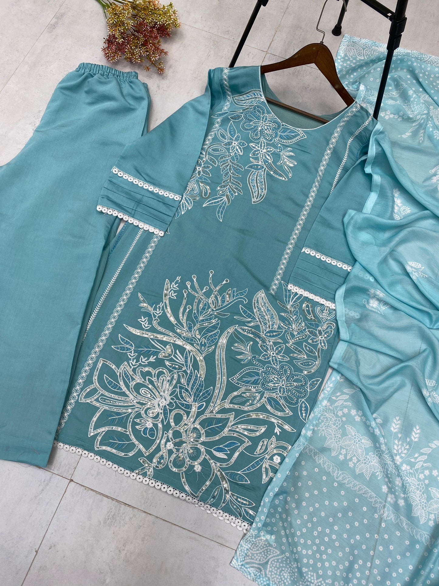 Alluring Sky Blue Roman Silk Sequence Work Palazzo Suit