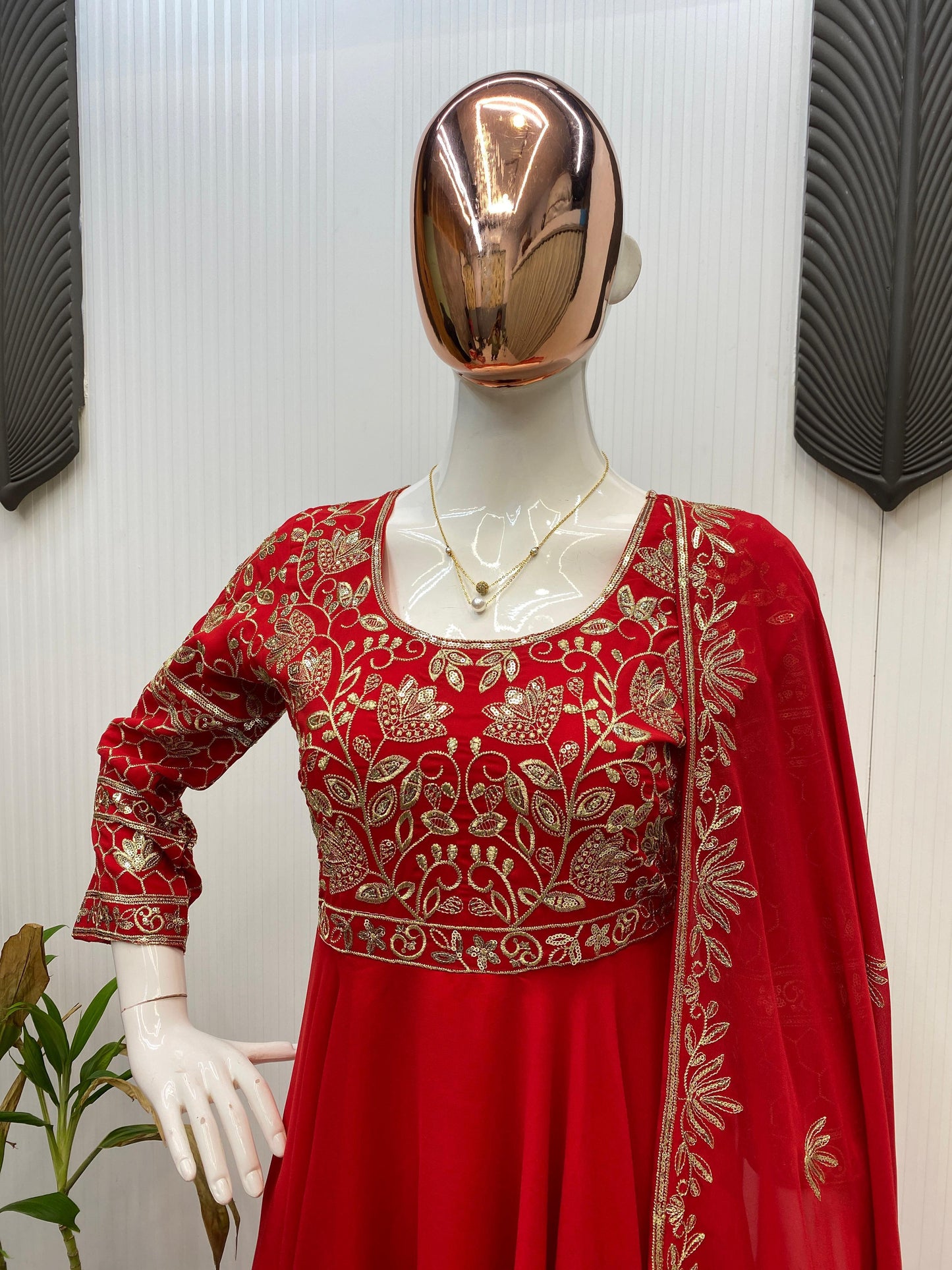 Glorious Red Georgette Sequence Work Gown
