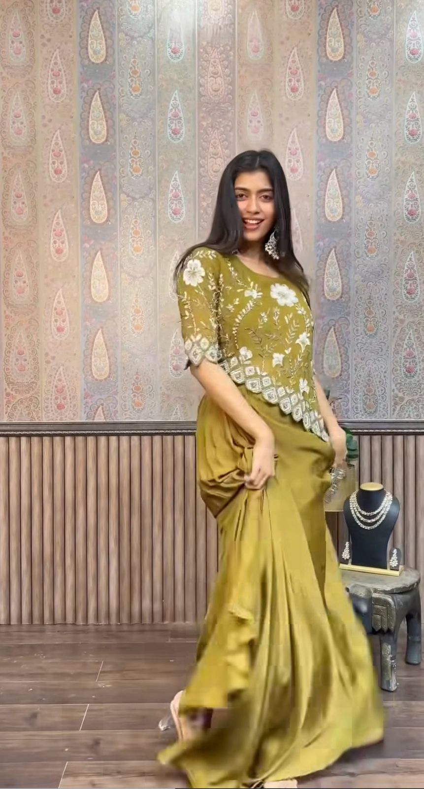 Trendy Sequence Work Mehndi Color Top With Skirt