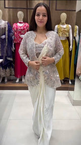 Premium Designer Saree Set Ready to Wear with Embroidered Jacket & Belt – Crepe Silk Party Wear
