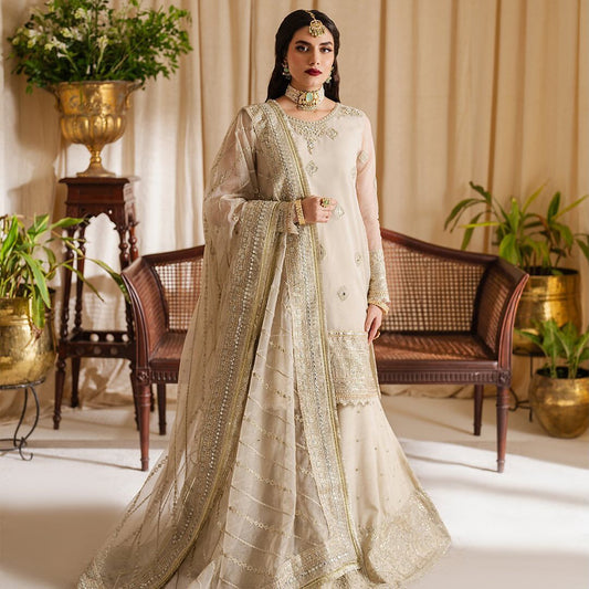 Beautiful Chinon Embroidery Work Cream Color Sharara Suit