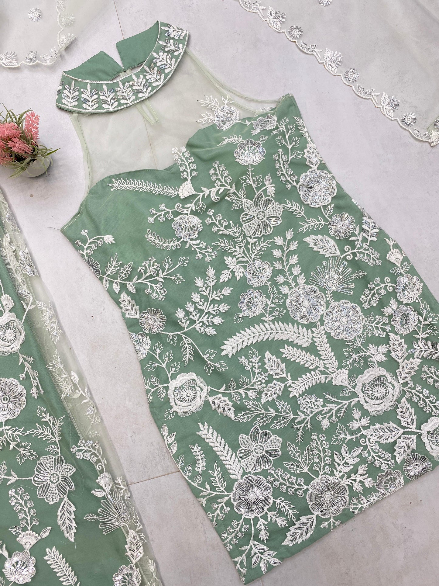 Adorable Embroidery Work Rama Color Palazzo Suit