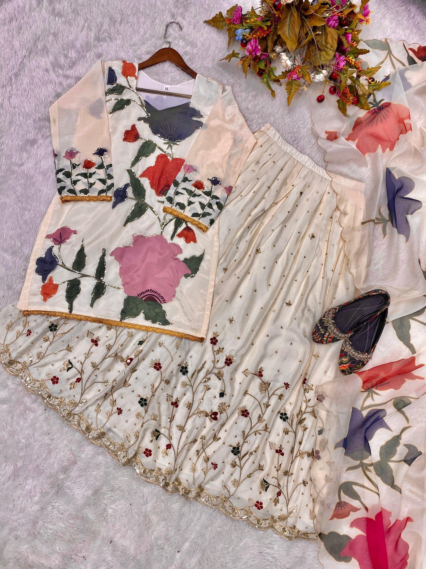 Wonderful Chinon Embroidery Work Beige Color Gharara Suit