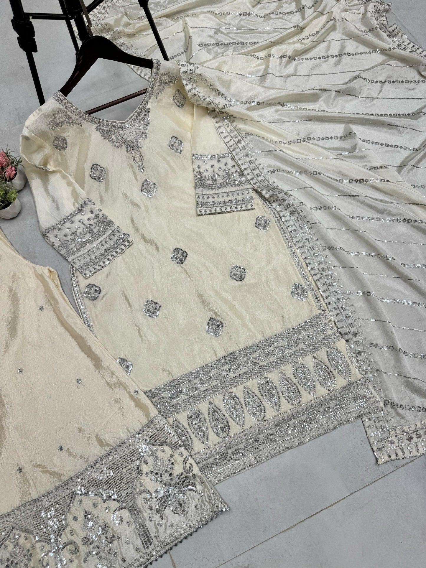 Beautiful Chinon Embroidery Work Cream Color Sharara Suit