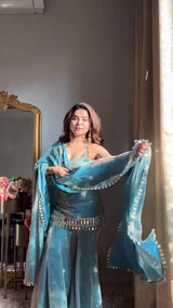 Aqua Elegance Mirror Work Sharara Set
