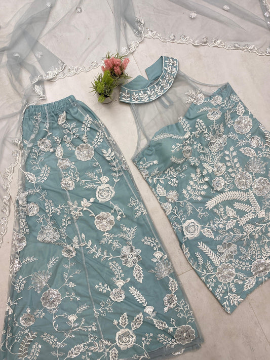 Adorable Embroidery Work Sky Blue Color Palazzo Suit