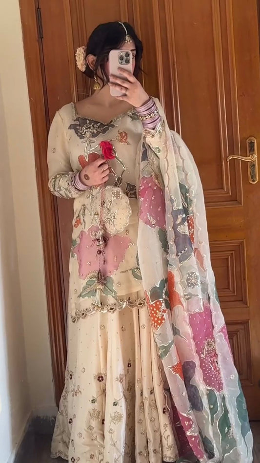 Wonderful Chinon Embroidery Work Beige Color Gharara Suit