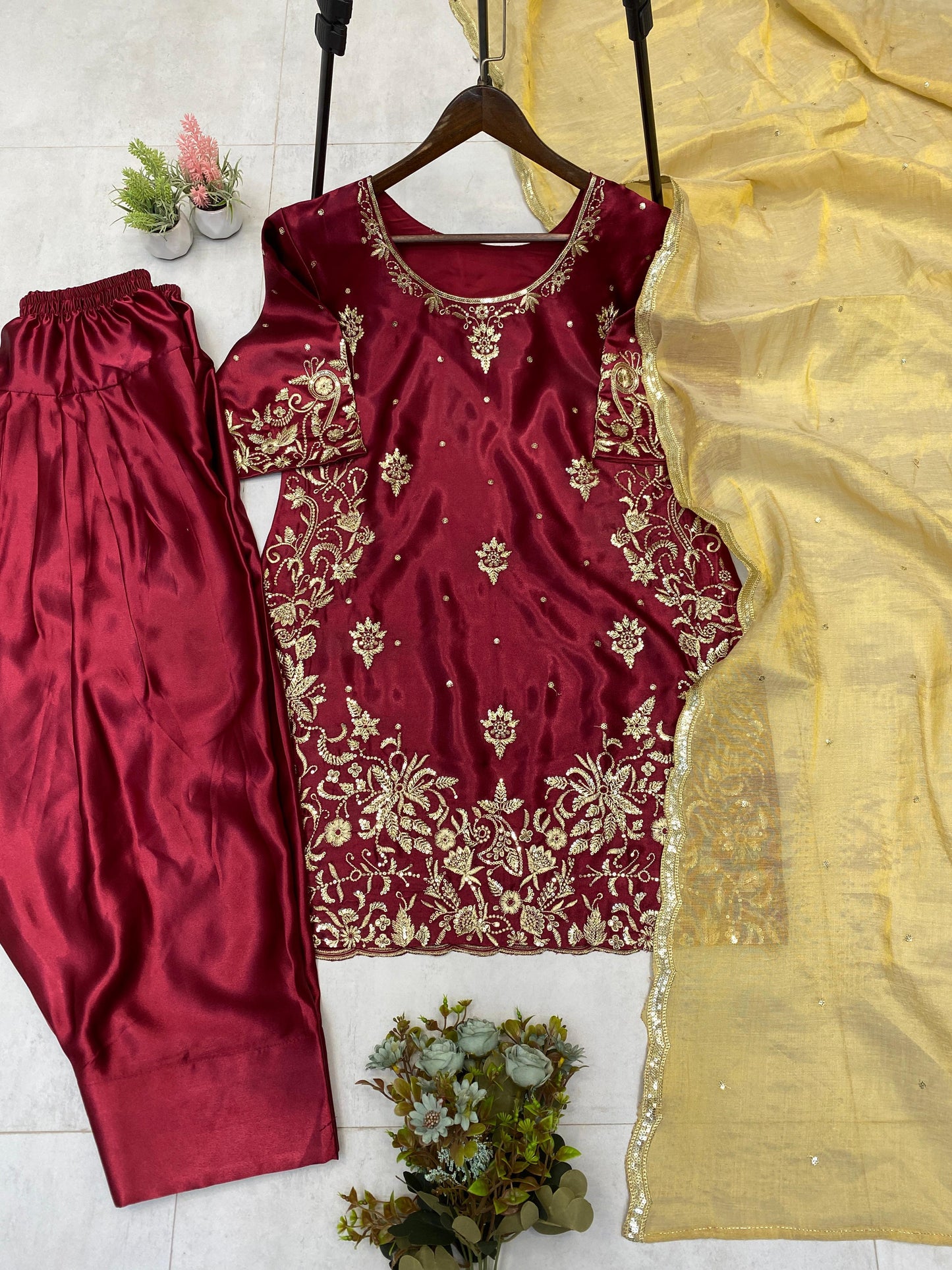 Stylish Maroon Satin Sequence Work Salwar Suit