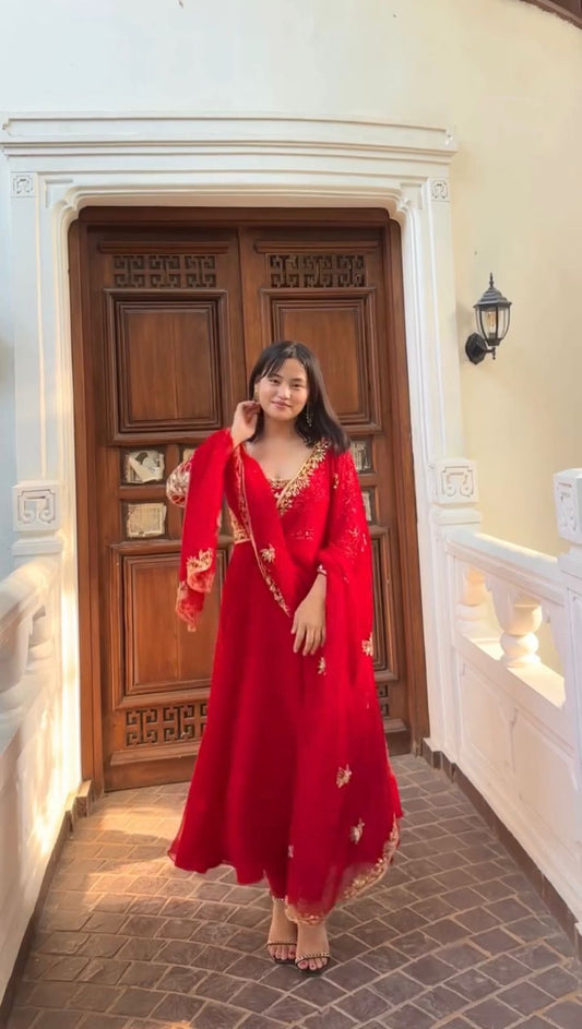 Glorious Red Georgette Sequence Work Gown