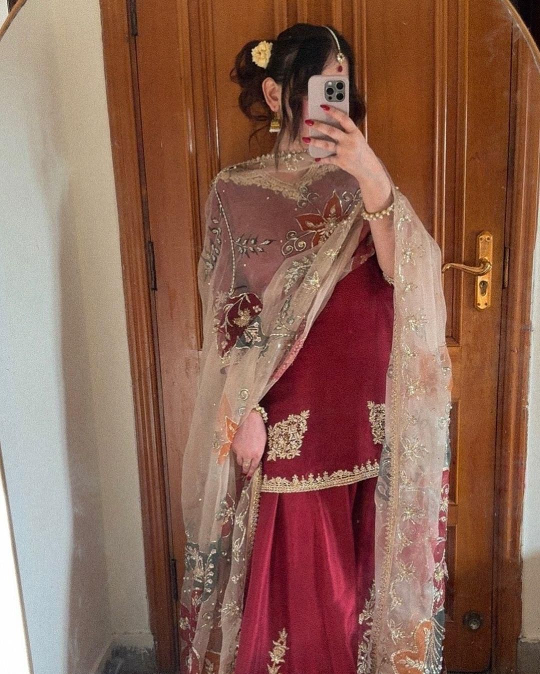 Unique Chinon Embroidery Work Red Color Sharara Suit