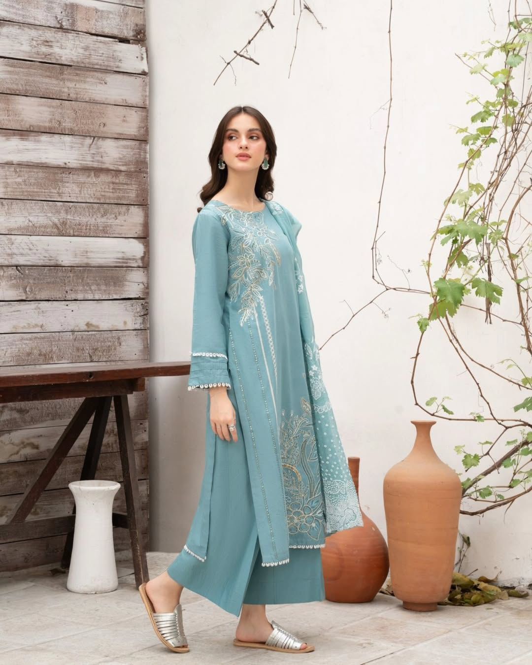 Alluring Sky Blue Roman Silk Sequence Work Palazzo Suit