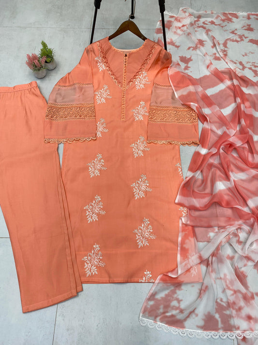 Trendy Peach Color Embroidery Work Straight Salwar Suit