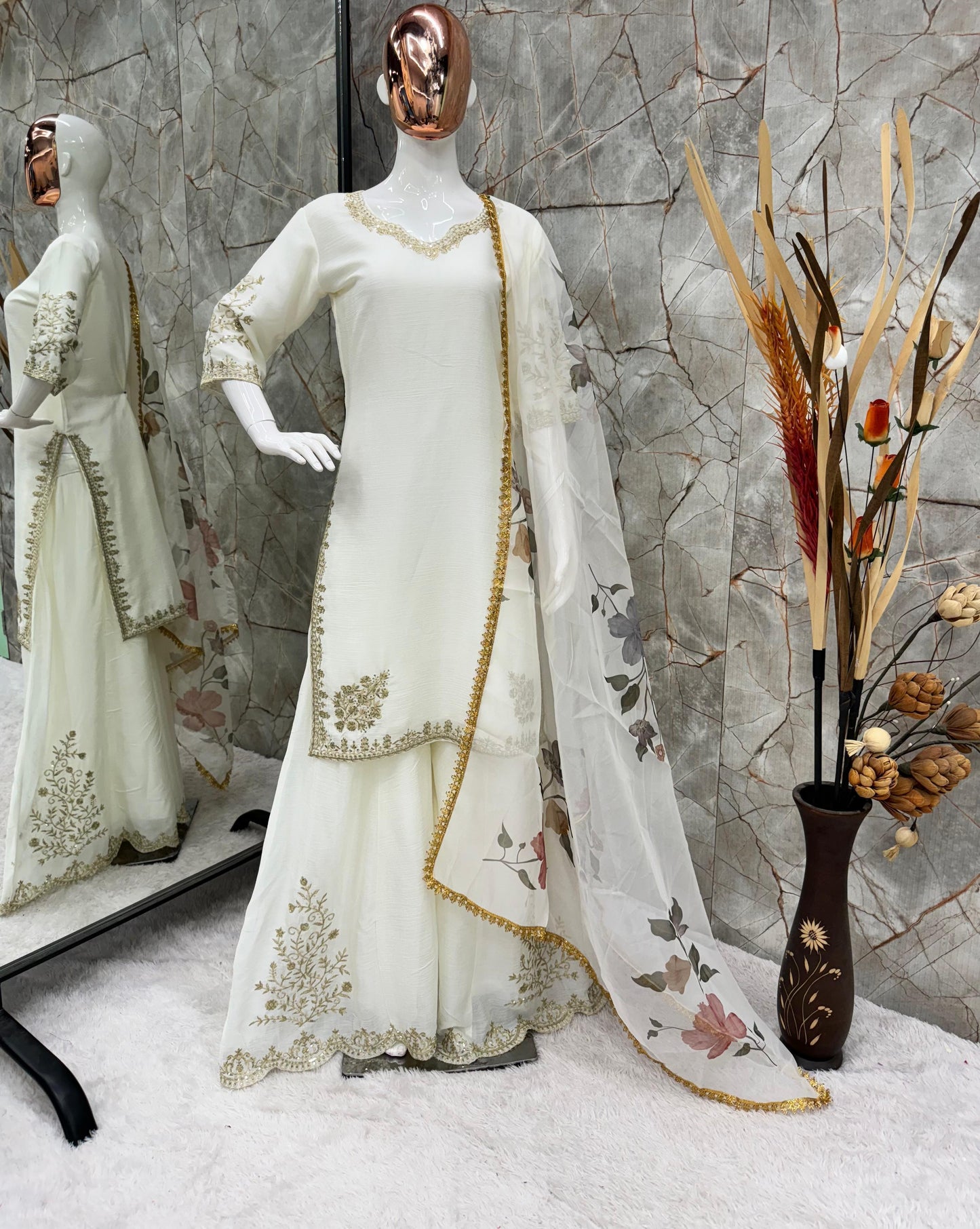 Unique Chinon Embroidery Work White Color Sharara Suit