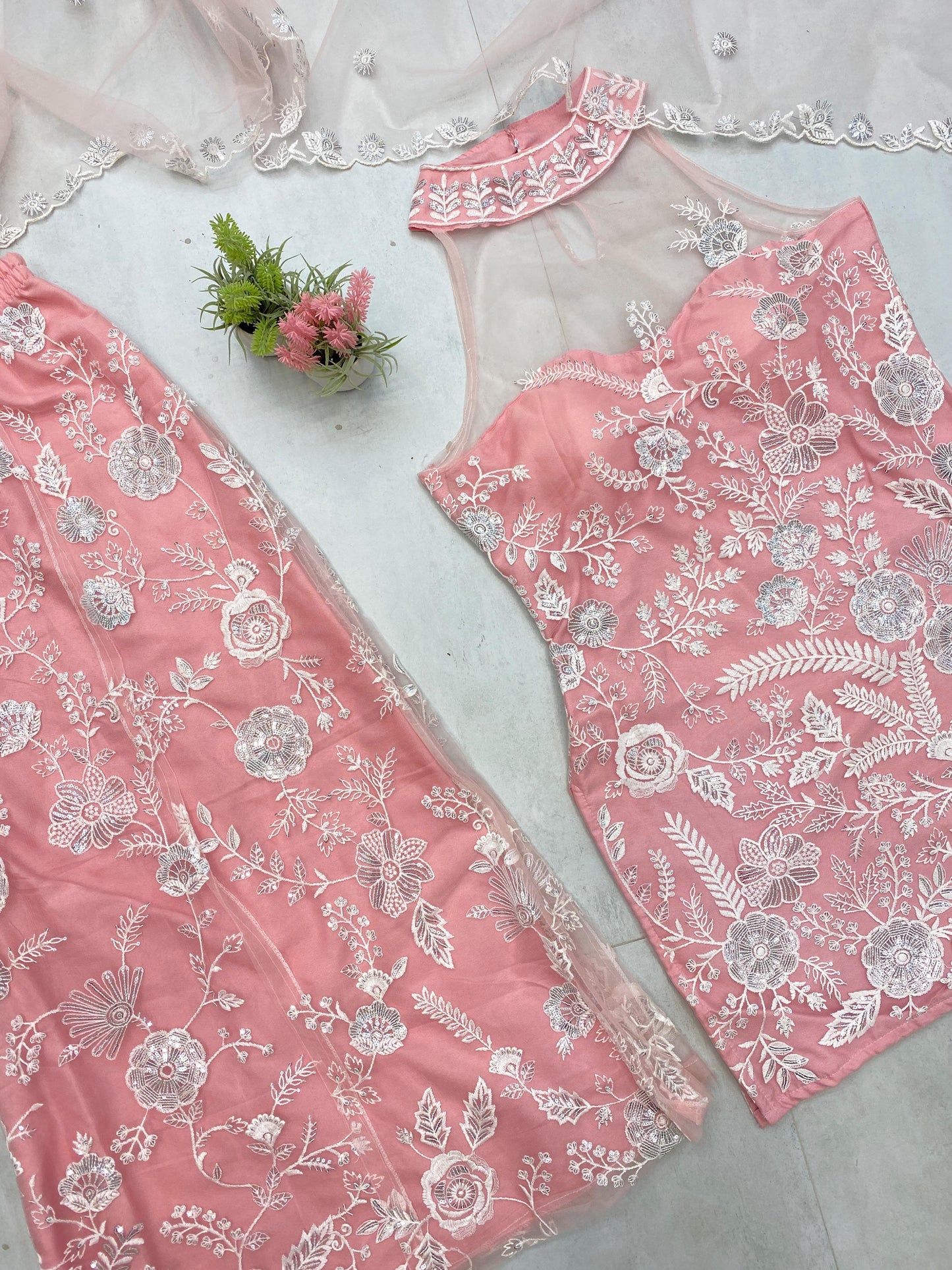 Adorable Embroidery Work Peach Color Palazzo Suit