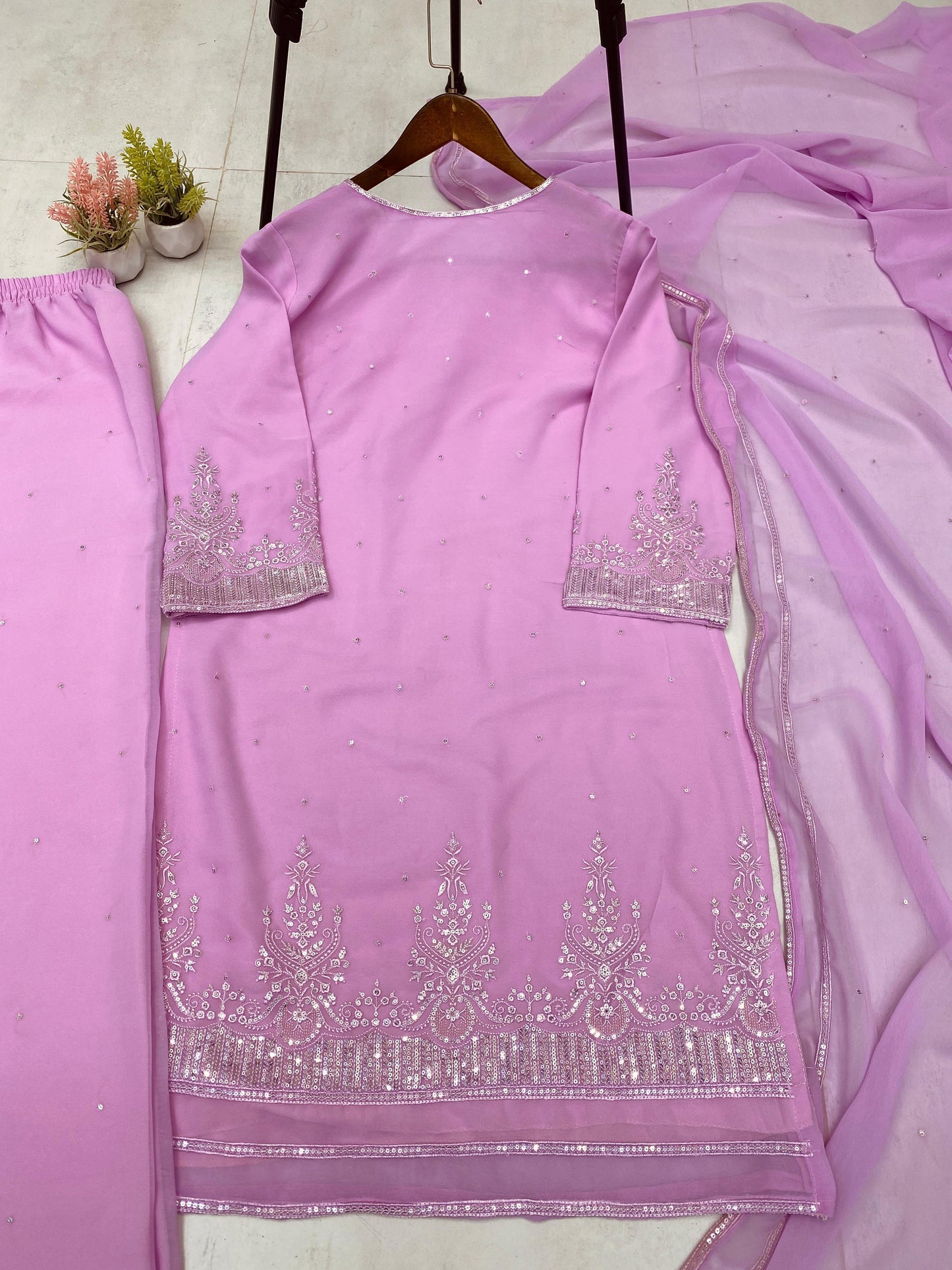 Stylish Pink Georgette Sequence Work Palazzo Suit