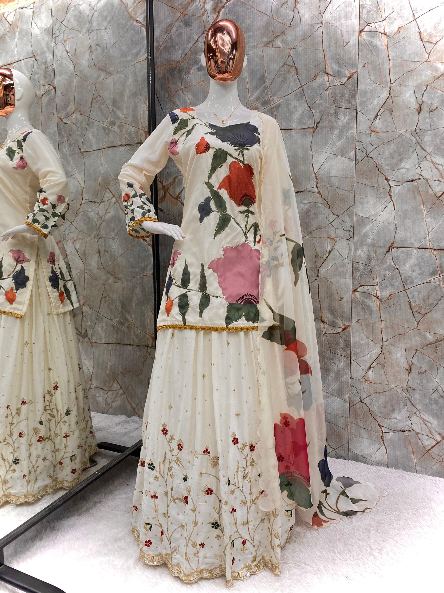 Wonderful Chinon Embroidery Work Beige Color Gharara Suit