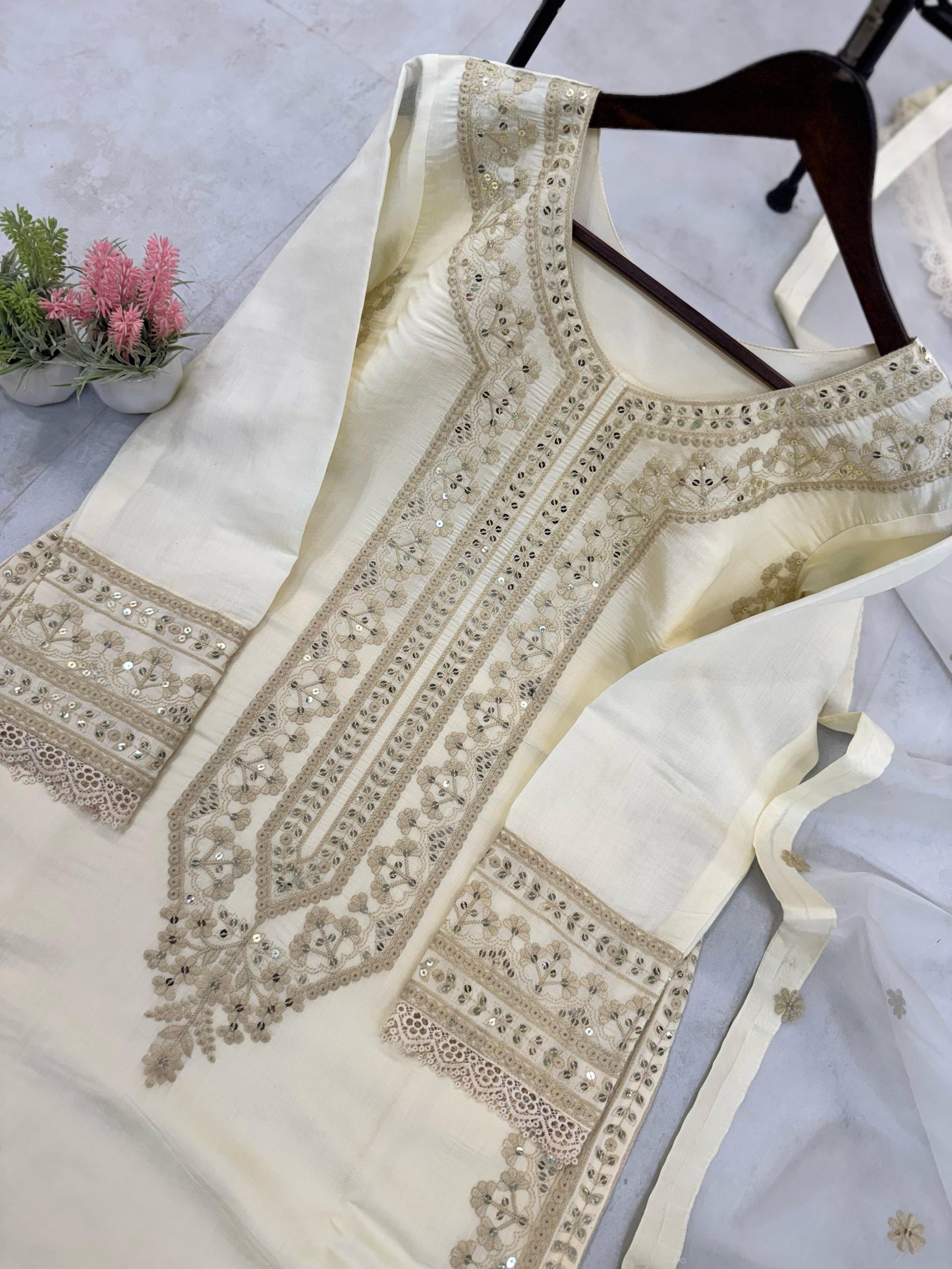 Alluring ROMAN SILK Cream Color Salwar Suit