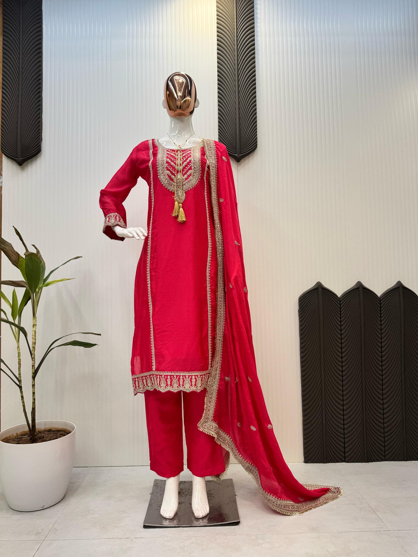 Graceful Chinoon Embroidery Work Red Color Salwar Suit