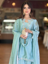 Designer Pastel Blue Kurta with Farshi Palazzo & Heavy Dupatta Set