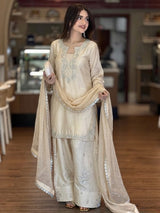 Designer Pastel Blue Kurta with Farshi Palazzo & Heavy Dupatta Set