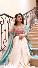 Designer Draped Skirt Set with Tube Blouse & Chiffon Shrug | Sequin Embroidery Indo Western Outfit