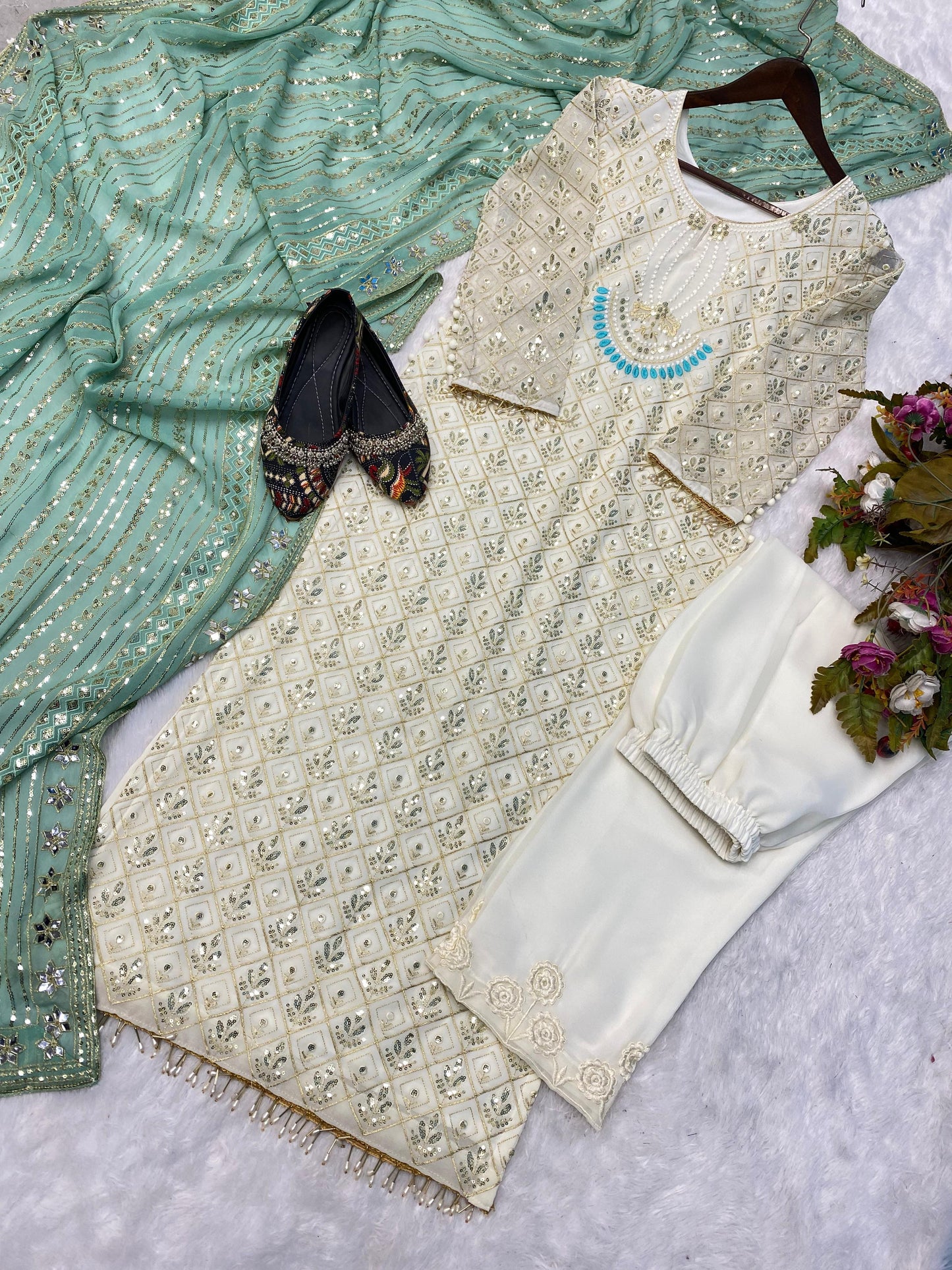 Delightful Sequence Embroidery Work Off White Color Anarkali Suit