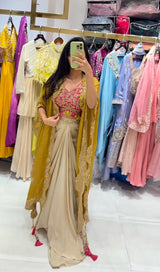Designer Draped Skirt Set with Tube Blouse & Chiffon Shrug | Sequin Embroidery Indo Western Outfit