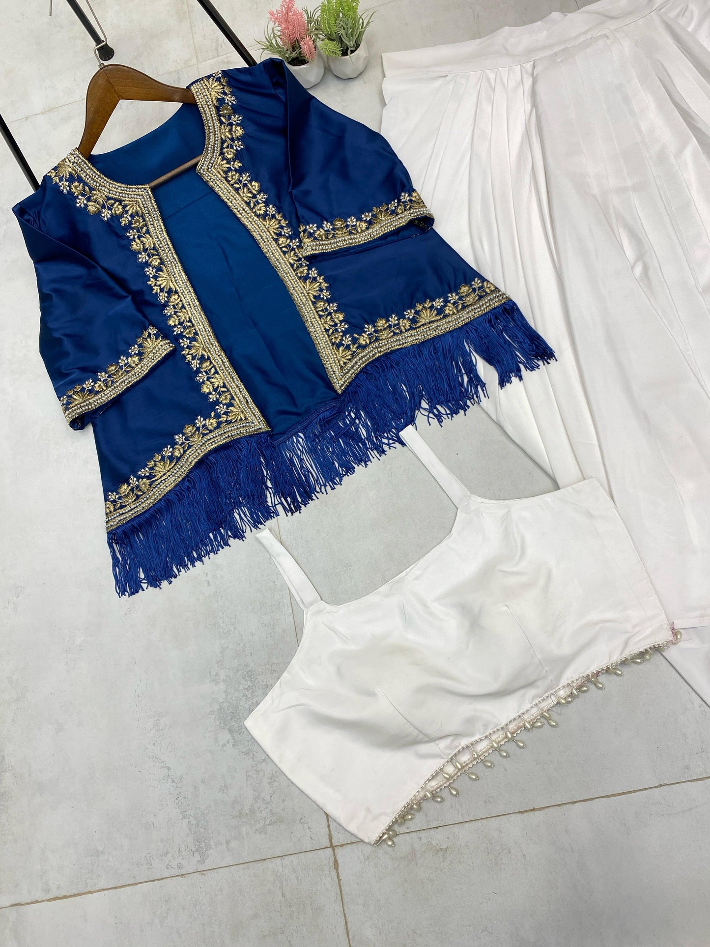 Stylish White Skirt With Blue Koti