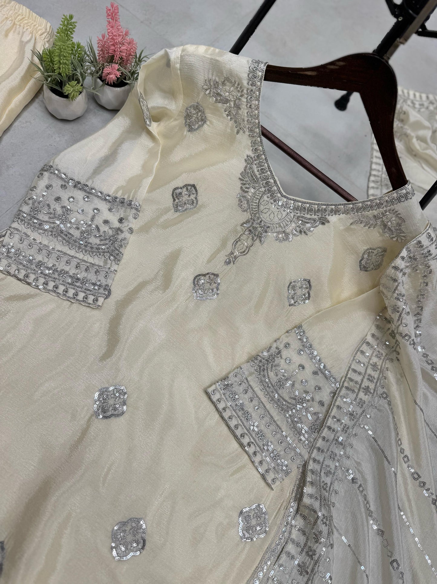 Beautiful Chinon Embroidery Work Cream Color Sharara Suit